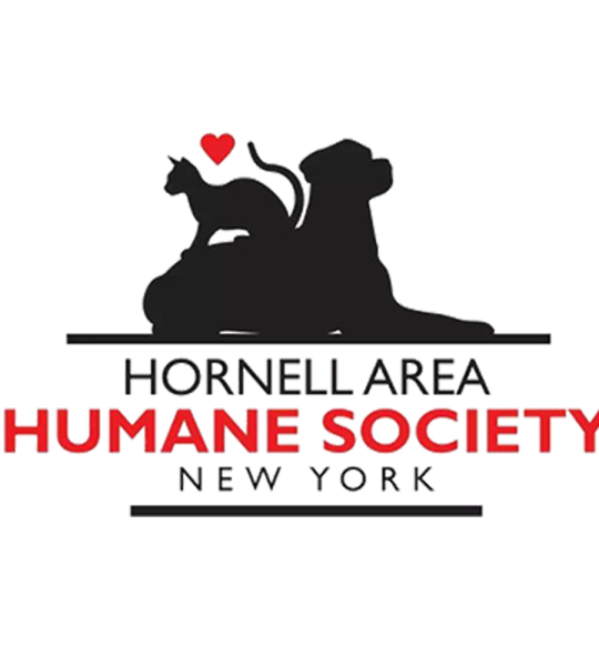 Hornell Area Humane Society New York logo, black silhouette of a dog laying down with a cat sitting on it's back a red heart above the cat on a clear background. Letters Hornell Area and New York are in black with Humane Society in red.